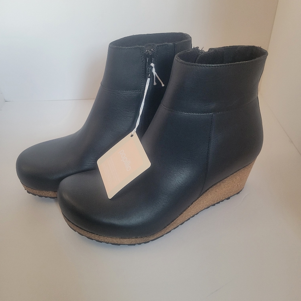 Birkenstock Papillio Ebba Wedge Black Leather Boots Size 38 Women 7 New W/O Box